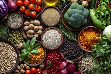 Top-down view: Vegetables, nuts, herbs, spices, nuts, grains, and lentils contain antioxidants and carbohydrates. healthy food - obrazy, fototapety, plakaty