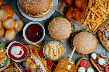 Top-down view. Junk food. Composition of fast food, lots of unhealthy junk on the table.