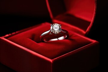 diamond ring sits on a red velvet box. The background is black and elegant. Style: Elegant, Simple, Romantic.