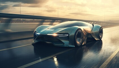 Futuristic sports car in motion, front perspective view. Futuristic sports car technology concept with wireframe intersection. Generative AI. - obrazy, fototapety, plakaty