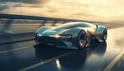 Fotobehang Futuristic sports car in motion, front perspective view. Futuristic sports car technology concept with wireframe intersection. Generative AI. © Surachetsh