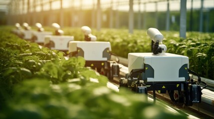Harvesting robots: Robots use cameras and AI to identify produce that is ready to harvest. Able to harvest crops accurately and quickly Save time and labor. - obrazy, fototapety, plakaty