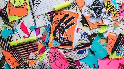 A creative chaos of torn notebook papers, embodying the punk aesthetic with a modern twist