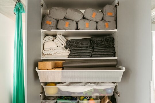 Various yoga staff on shelves
