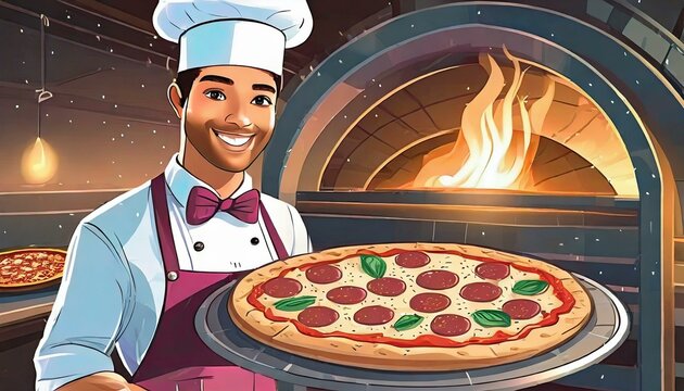Illustration of a pizza chef showing a pepperoni pizza. In the background pizza oven.
