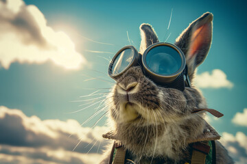 A rabbit in aviator gear goggles on ready for flight against a sky backdrop - obrazy, fototapety, plakaty