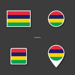 Mauritius flag icon set in rectangle, circle, square and pin icon on grey background. Mexico sticker flag collection.	