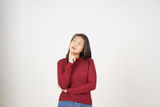 Young Asian woman in Red t-shirt thoughtful thinking gesture isolated on white background
