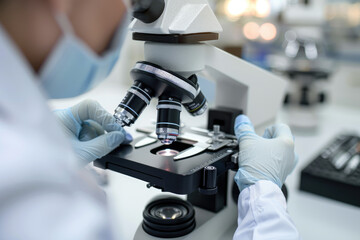 Lab technician preparing medical sample for research under microscope