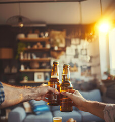 close up of hands of two male friends toasting with bottle of beer in a living room, chilling and relax
