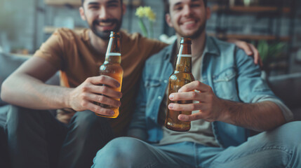 Two hispanic men are sitting on a couch, holding up their beer bottles and smiling at home  - obrazy, fototapety, plakaty