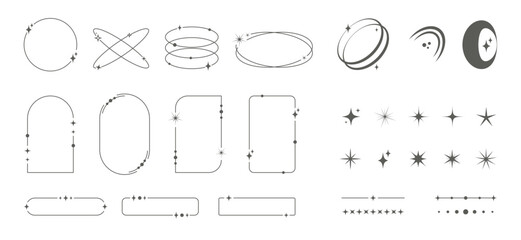 Modern minimalist aesthetic line frames and geometric shapes with stars set. Y2K monochrome design elements. - obrazy, fototapety, plakaty