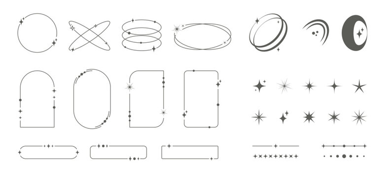 Fototapeta Modern minimalist aesthetic line frames and geometric shapes with stars set. Y2K monochrome design elements.