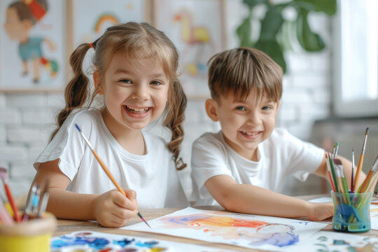 Portrait of two kids smiling happily while playing watercolor painting at paper
