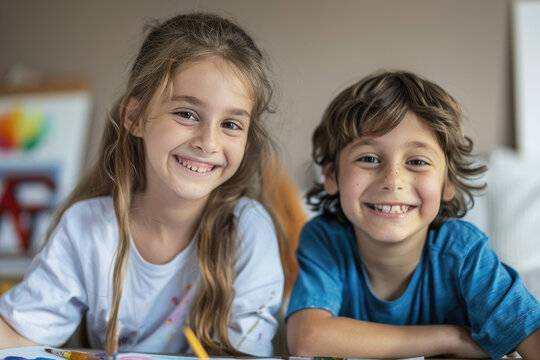 Portrait of two kids smiling happily while playing watercolor painting at paper