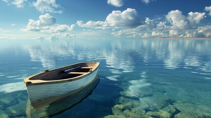 A small rowboat anchored in crystal-clear waters, mirroring the serene blue sky above, surrounded...