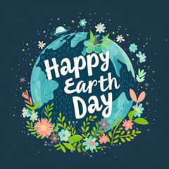 poster flat illustration with plant and flowers with text "Happy Earth Day"
