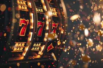 slot machine showing 777 with flying golden cons and confetti, casino, gambling and winning concept