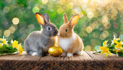 The two rabbit sits on the wood with light bokeh form nature background. Easter day - obrazy, fototapety, plakaty