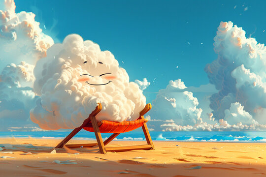 Dynamic shadows and light play on a beach chair cloud character in expressive poses joyful mood