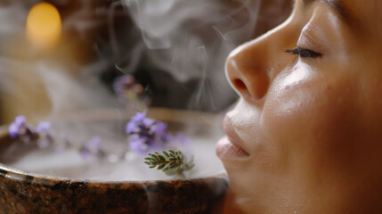 A closeup of a persons face as they inhale steam from a bowl of hot water infused with eucalyptus and lavender.