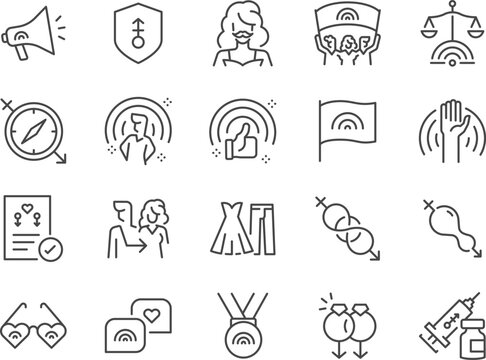 LGBTQi+ Pride icon set. It included LGBTQ, gender, gender expression, transgender, and more icons. Editable Vector Stroke.