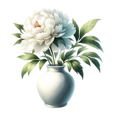 Artistic illustration of a white peony flower in a classic vase, with detailed petals and leaves, on a white background.