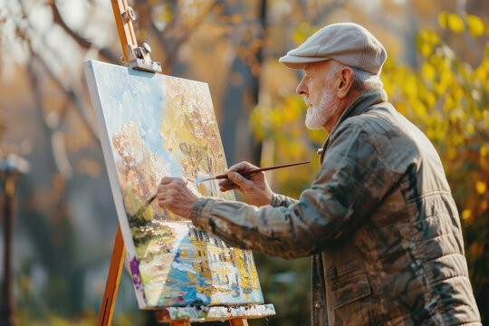 The old artist is painting in nature, enjoying his retirement