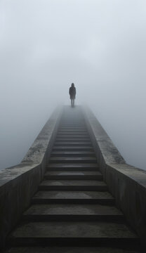 A person at the top of foggy stairs, exhibits a style of geometric surrealism and monumentalism.