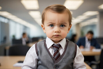 A serious baby boss in the office, staring directly at the camera