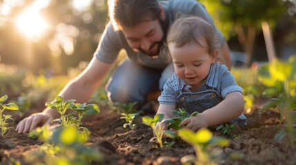A father and his daughter is growing vegetable at farm.	