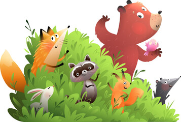 Cute animals friends in the forest bush. Bear fox raccoon squirrel and bunny in green grass, isolated clip art for kids. Vector hand drawn illustration in watercolor style for children. - 751102992