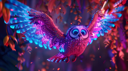 Pixarstyle forest scene with a mechanical owl vivid colors and solar panels for wings showcasing sustainability and innovation