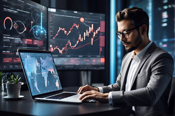 An IT professional, wearing glasses, deeply focused on analyzing the screen displaying crucial financial data
