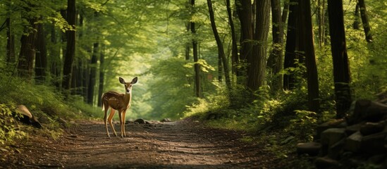 A whitetail deer stands in the middle of a dense forest in Jenningsville, Pennsylvania during fawn season. The deer appears alert and observant as it pauses in its natural habitat.