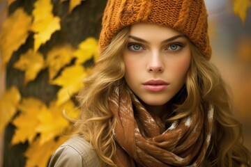 Autumn Fashionable Portrait of Girl in Warm Scarf against Trees with Yellow Leaves