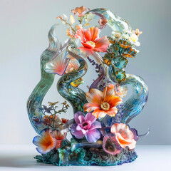 Vibrant multicolored gradient showcasing aquatic and botanical themes surreal beauty in a contemporary glass sculpture