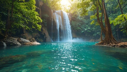 Majestic waterfall cascading into a crystal-clear pool in a secluded tropical forest, vibrant flora surrounding