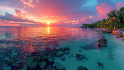Fototapeta na wymiar A panoramic view of a tropical bay at sunrise, the sky painted in hues of pink and orange, calm waters reflecting the colors