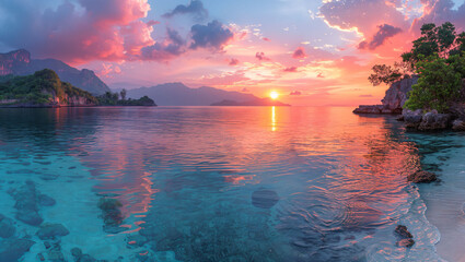 A panoramic view of a tropical bay at sunrise, the sky painted in hues of pink and orange, calm waters reflecting the colors