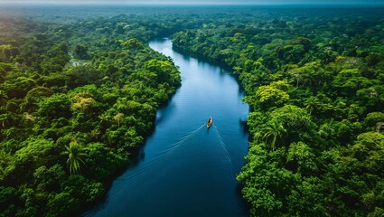 A serene tropical river winding through a dense rainforest, a canoe visible in the distance exploring the area