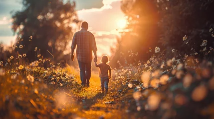 Fototapeten Golden hour stroll, father and child in meadow, father's day theme, family time, nature walk, warm summer evening, caring dad © Julia
