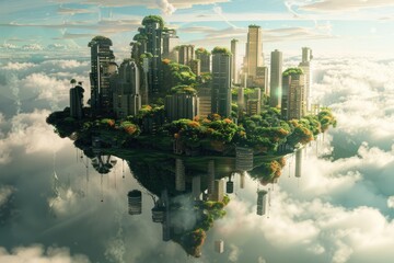A future city floating on clouds with hanging gardens