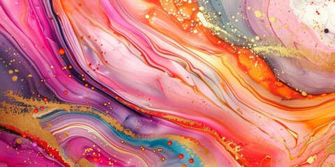 Colorful abstract liquid paint marbling with gold flecks.

