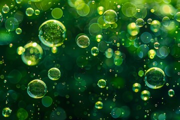 Green abstract macro bubbles in a liquid, ideal for backgrounds in science and nature-themed designs.

