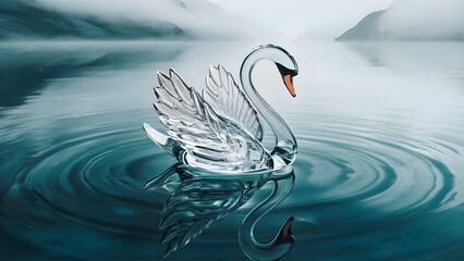 glass swan floating on a still lake. placid blue, 3d render, illustration, wallpaper background, sunset