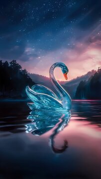 Glass Swan Floating On A Still Lake. Placid Blue, 3d Render, Illustration, Wallpaper Background For Smartphone, Lock Screen For Your Phone.