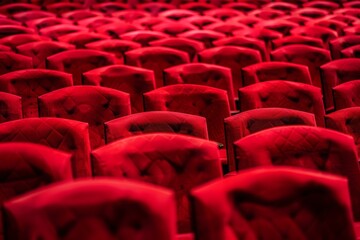 Obraz premium Uniform rows of red theater seats creating a pattern, symbolizing entertainment, performance art, and cultural events.