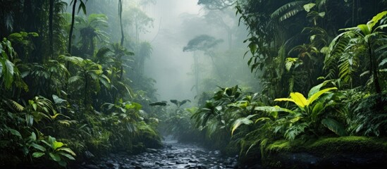 A stream meanders through a dense rainforest filled with vibrant green foliage and misty trees on a...