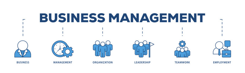 Business management icons process structure web banner illustration of business, management, organization, leadership, teamwork and employment icon live stroke and easy to edit 